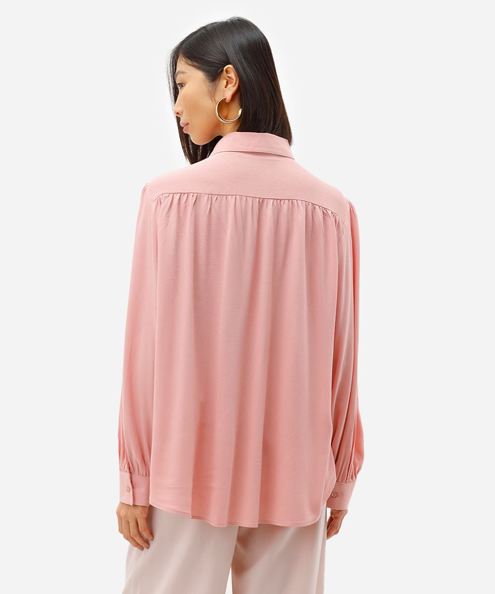 camisa feminina de viscose manga longa franzida rosa