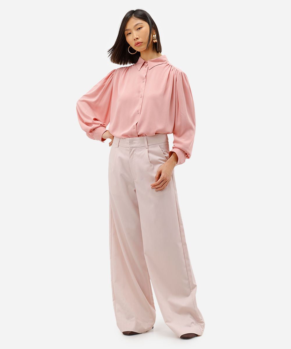 camisa feminina de viscose manga longa franzida rosa