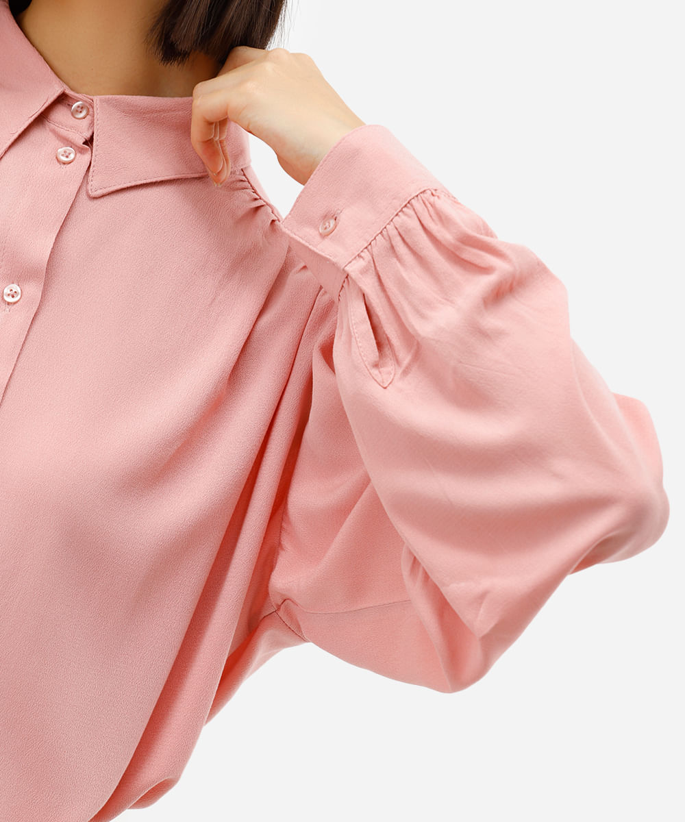 camisa feminina de viscose manga longa franzida rosa