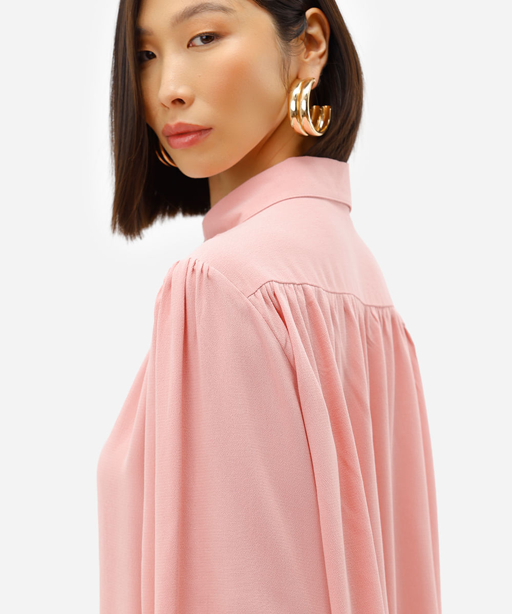 camisa feminina de viscose manga longa franzida rosa