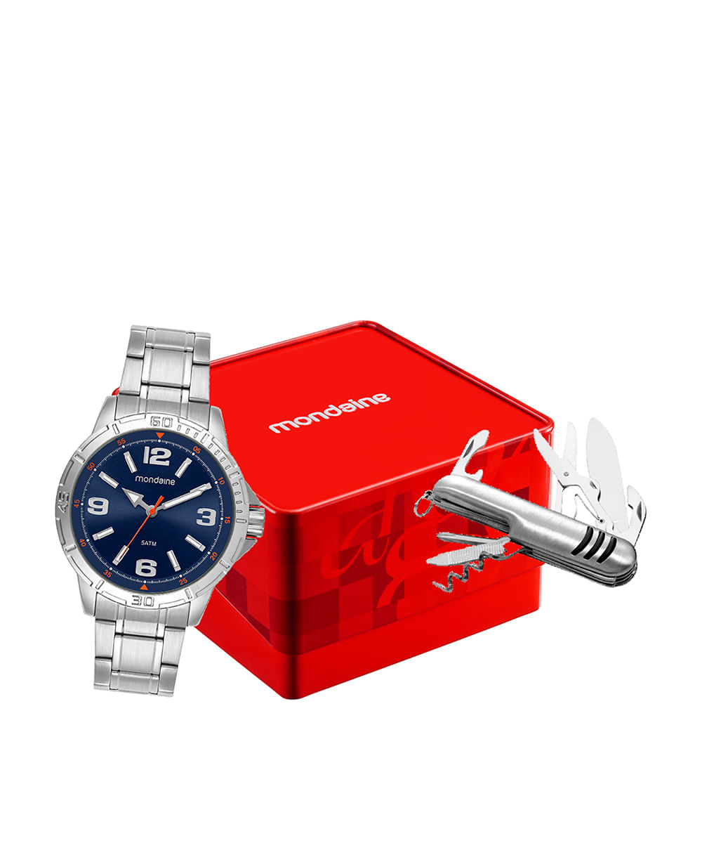 kit relógio masculino mondaine analógico  99746g0mvne1kc prateado