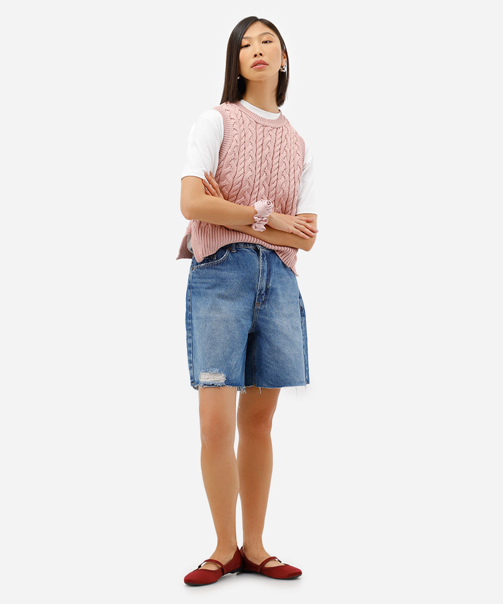 bermuda reta feminina jeans destroyed azul