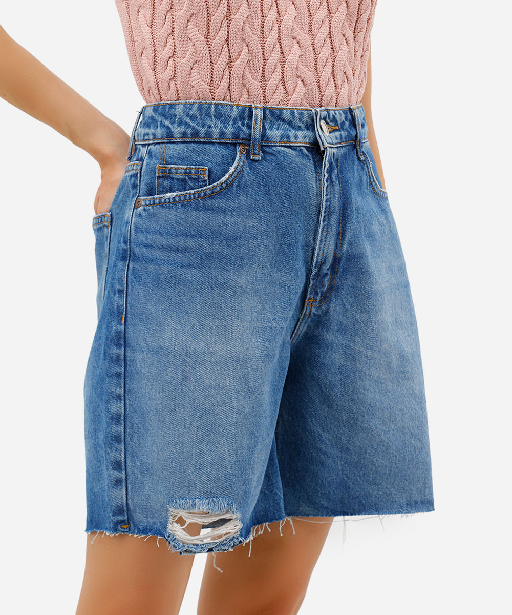 bermuda reta feminina jeans destroyed azul