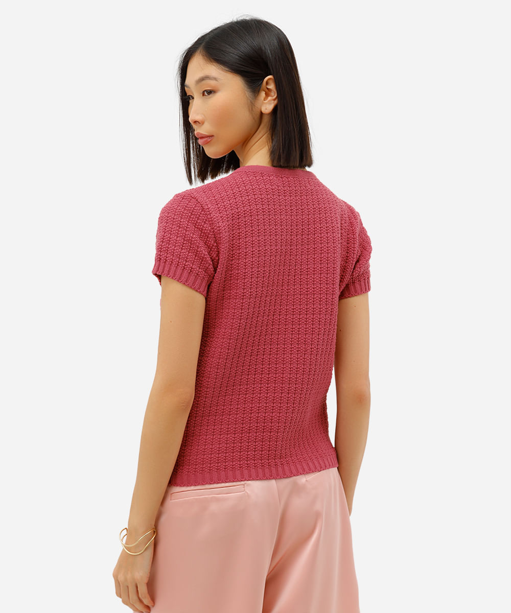 blusa feminina de tricot manga curta rosa