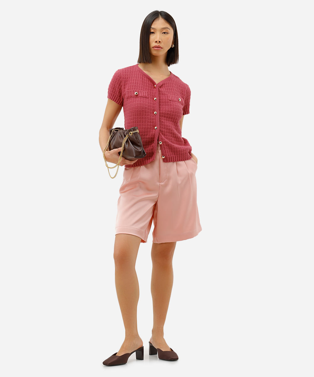 blusa feminina de tricot manga curta rosa