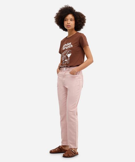 calça mom feminina de sarja cintura alta  rosa