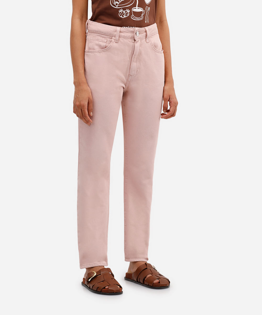 calça mom feminina de sarja cintura alta  rosa