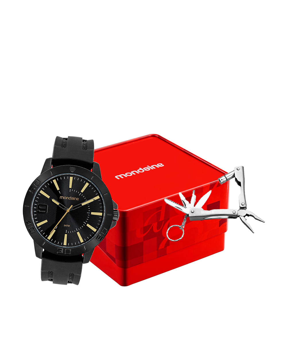 kit relógio masculino mondaine analógico  99699gpmvpi2kc preto