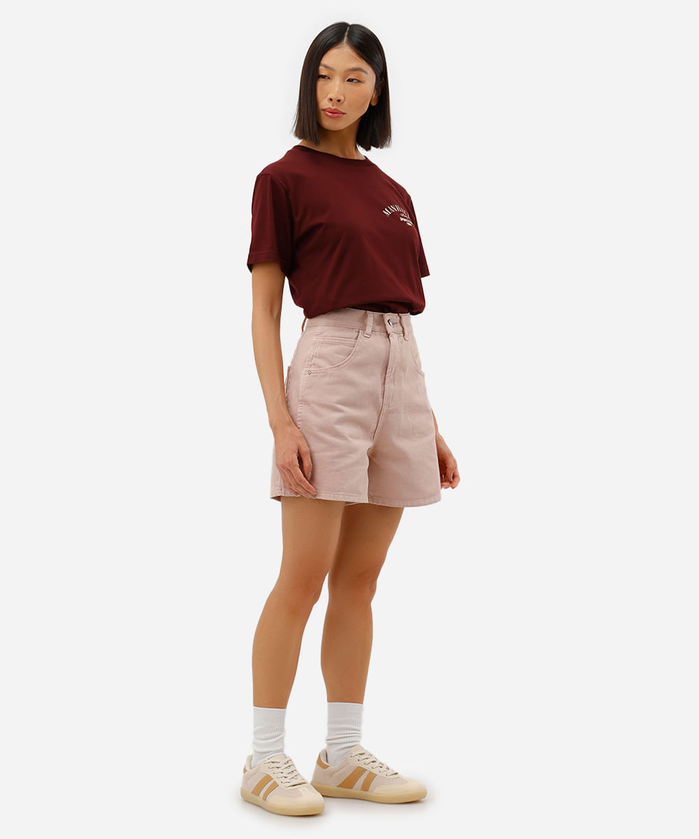 short feminino de sarja com recortes e fendas rosa
