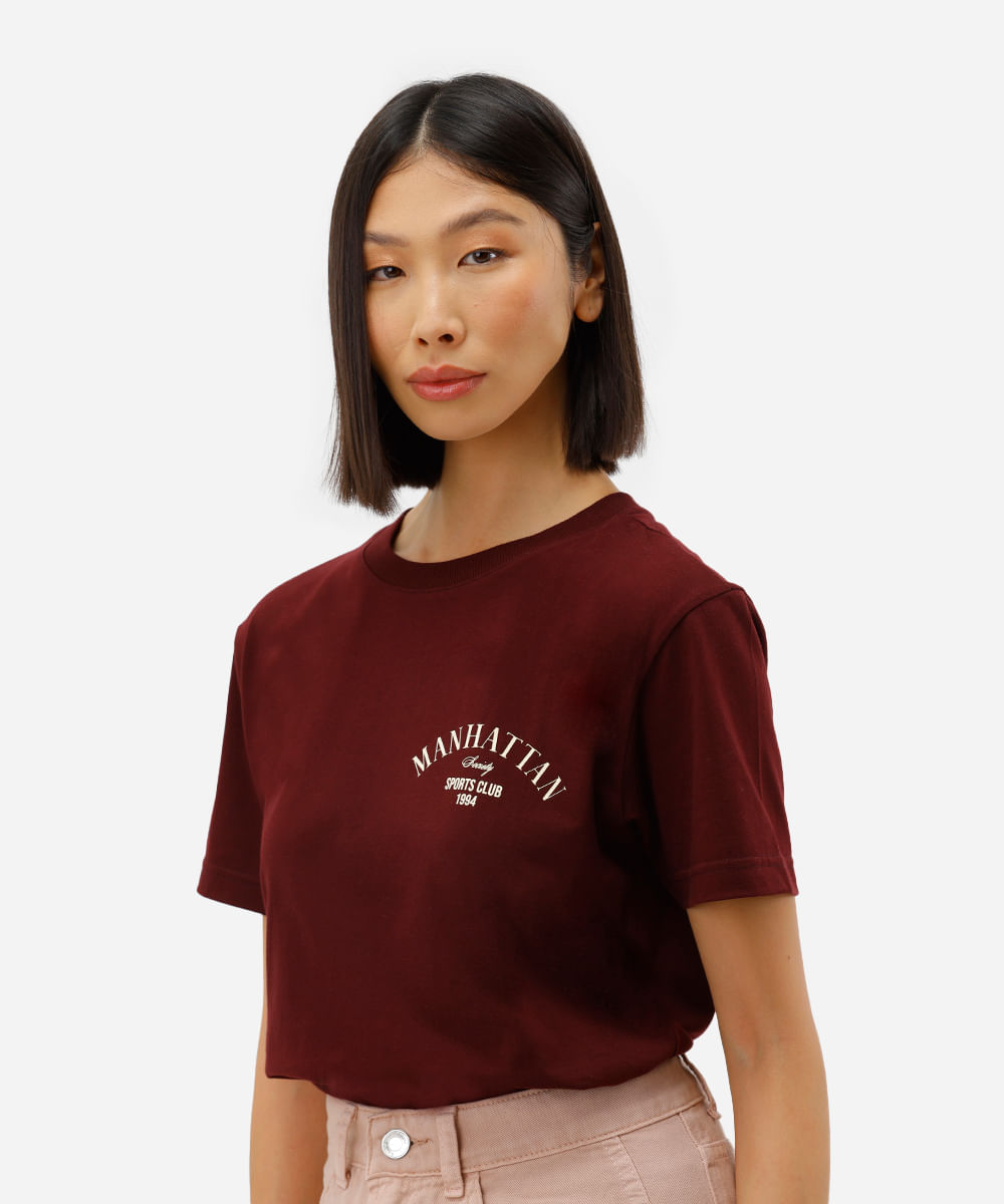 camiseta feminina de algodão manga curta manhattan vinho