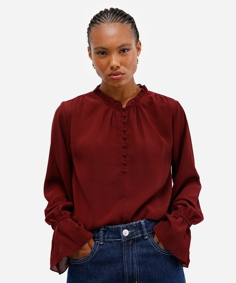 bata feminina com babado texturizada vinho