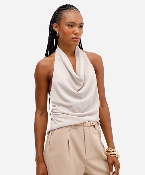 blusa feminina frente única franzida texturizada bege