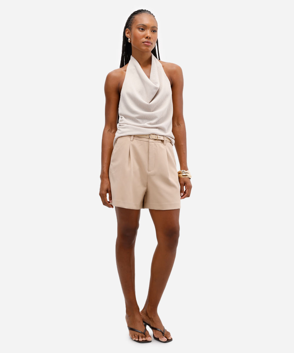 blusa feminina frente única franzida texturizada bege
