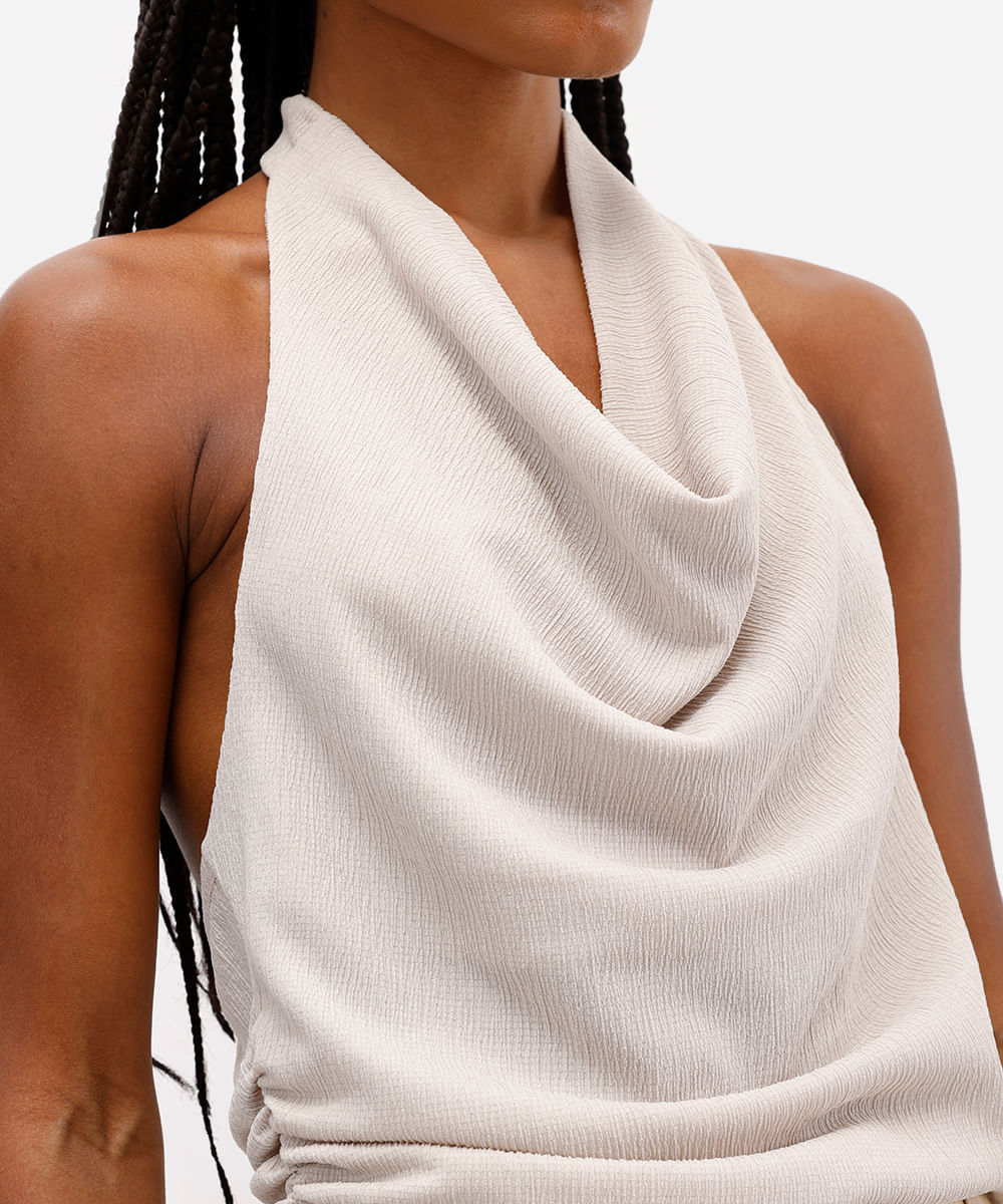 blusa feminina frente única franzida texturizada bege