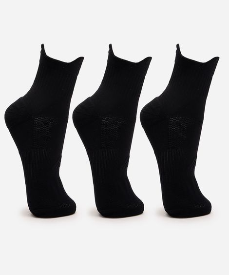kit de 3 meias cano médio de poliamida caneladas preto