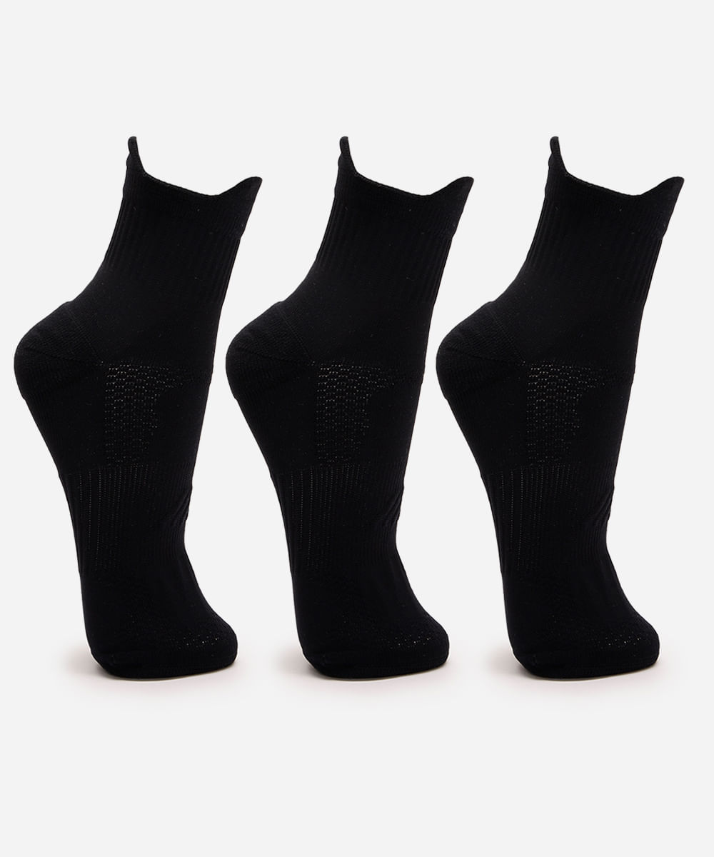 kit de 3 meias cano médio de poliamida caneladas preto