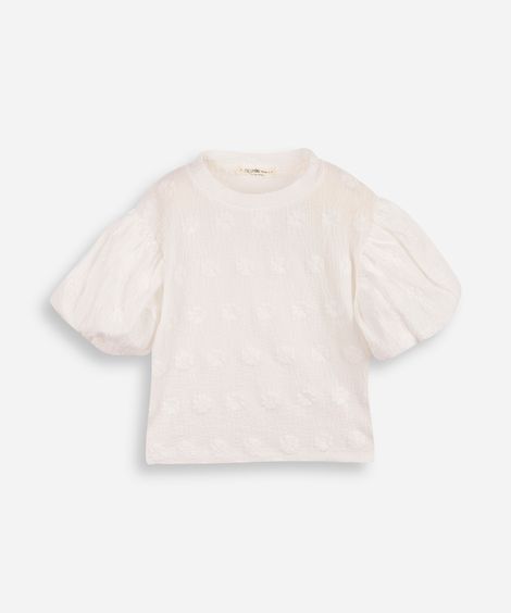 blusa infantil manga bufante texturizada floral off white