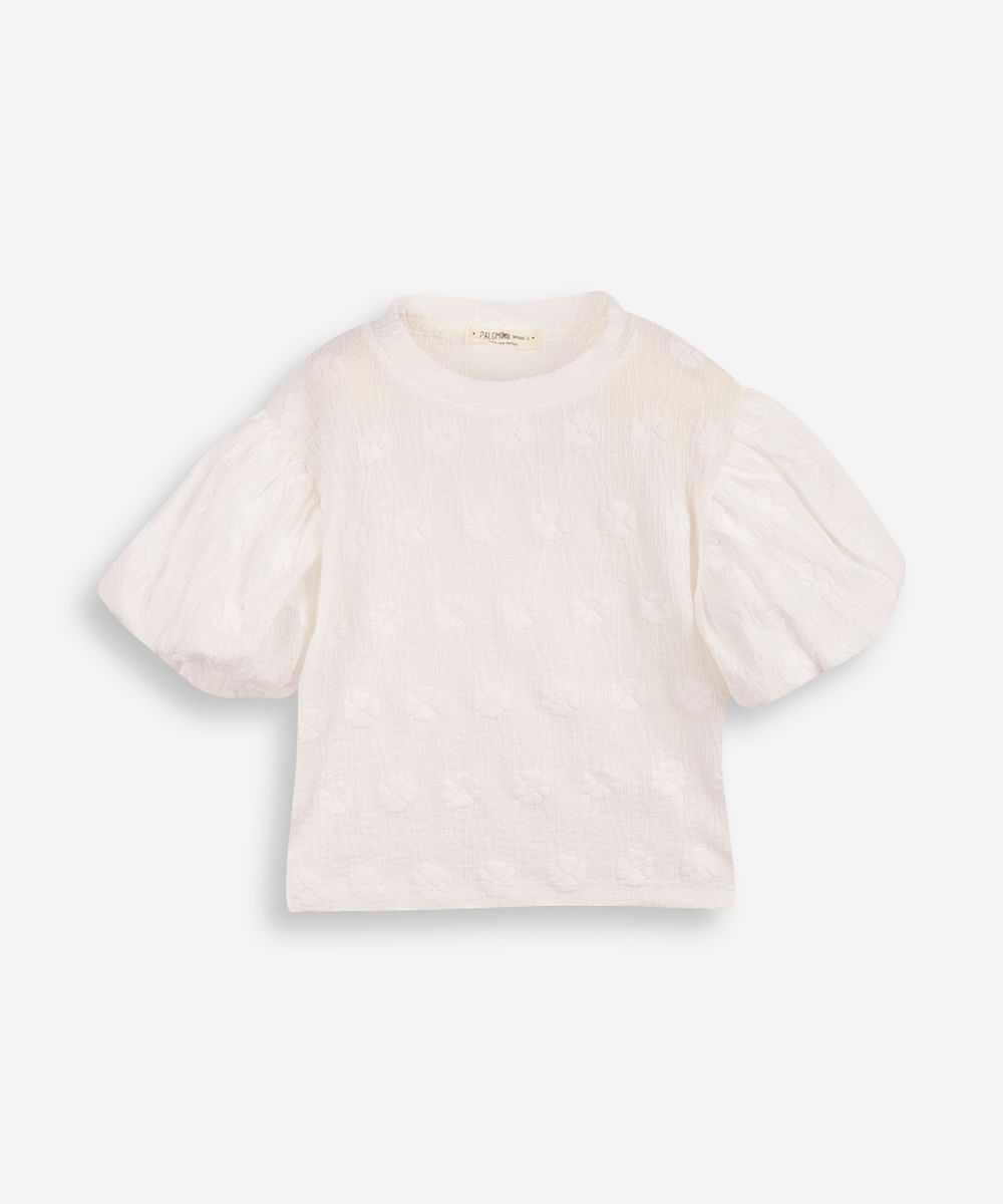 blusa infantil manga bufante texturizada floral off white