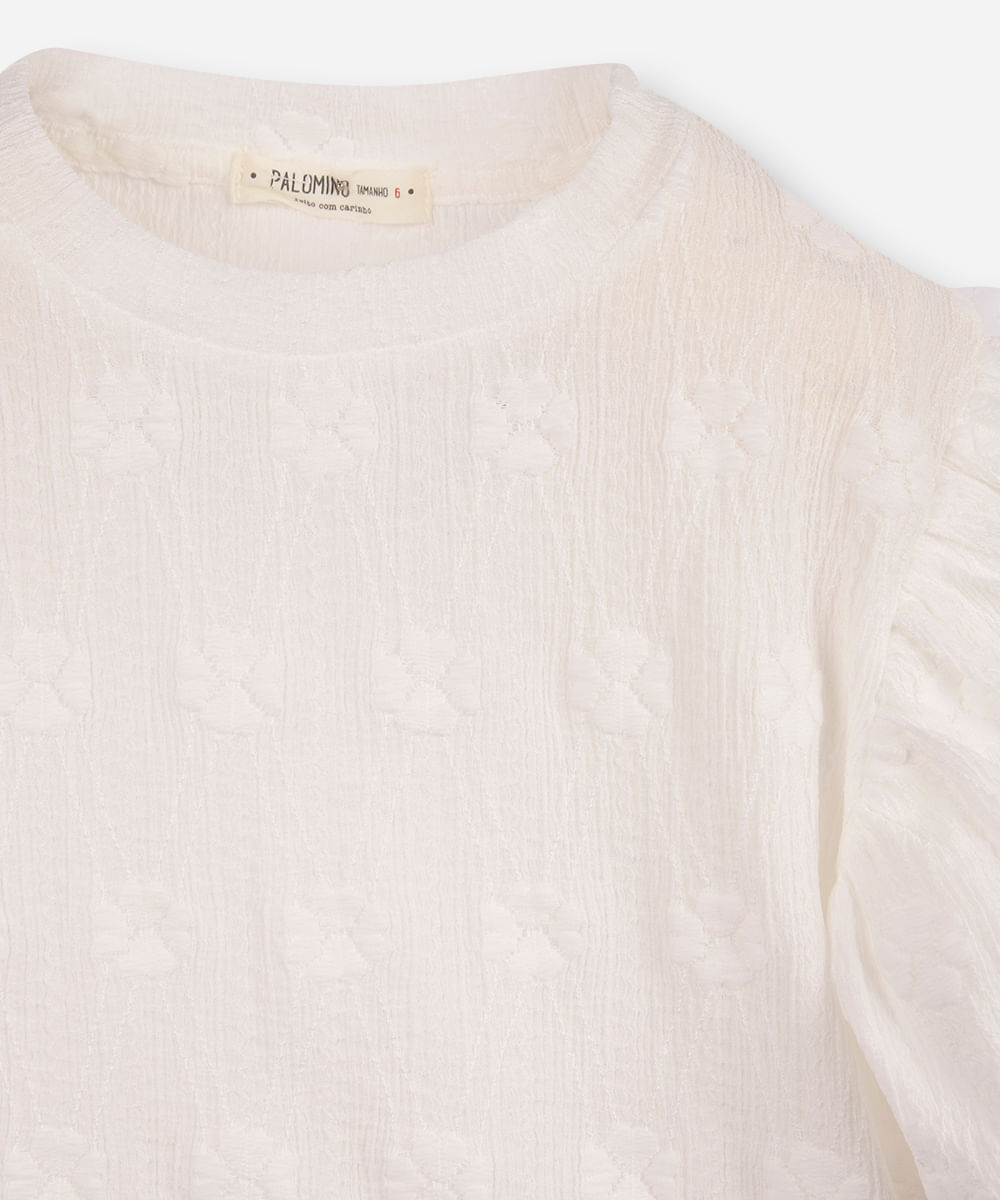 blusa infantil manga bufante texturizada floral off white