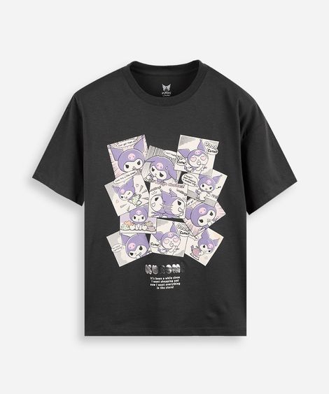 camiseta juvenil oversized kuromi comic book cinza