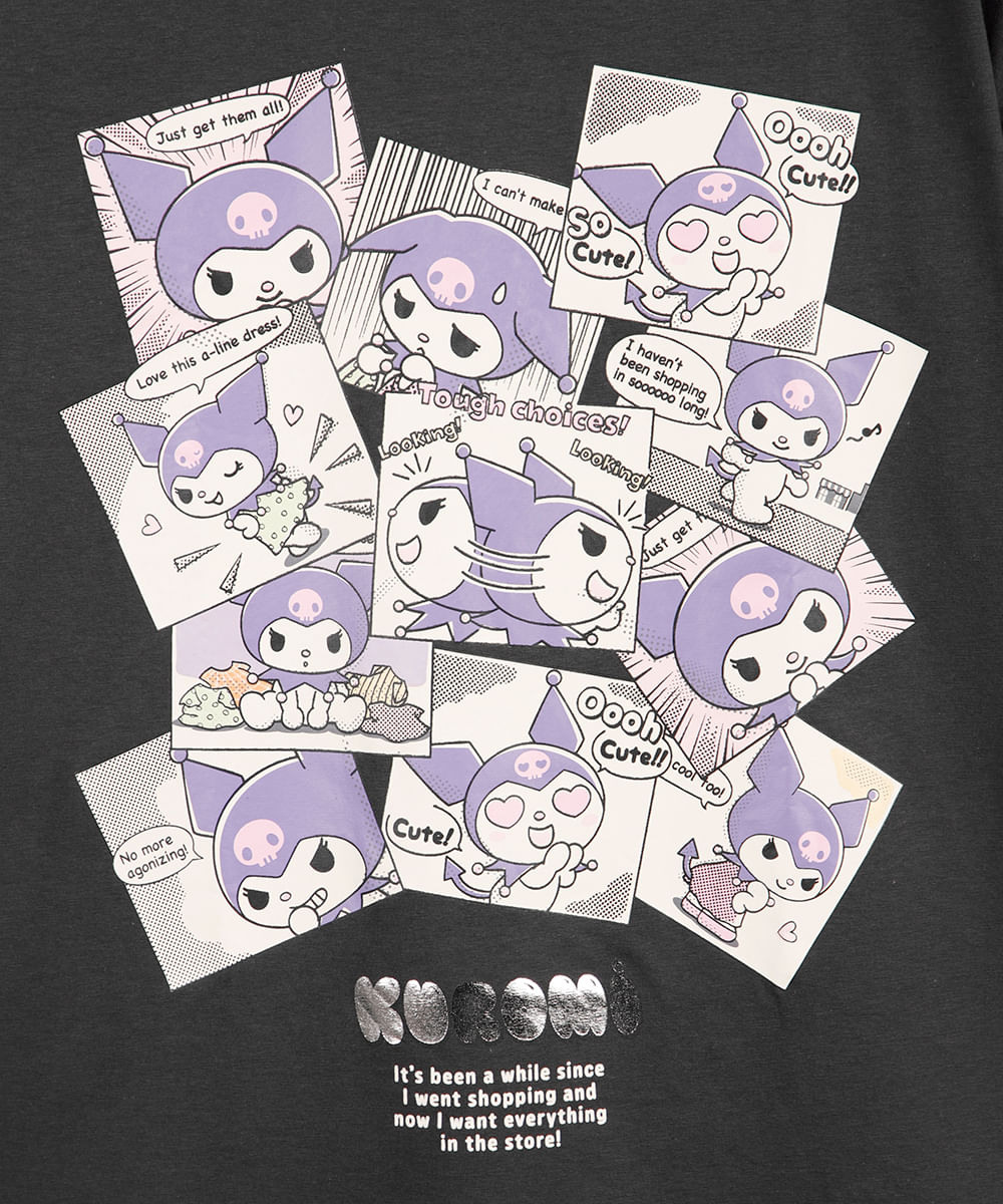 camiseta juvenil oversized kuromi comic book cinza