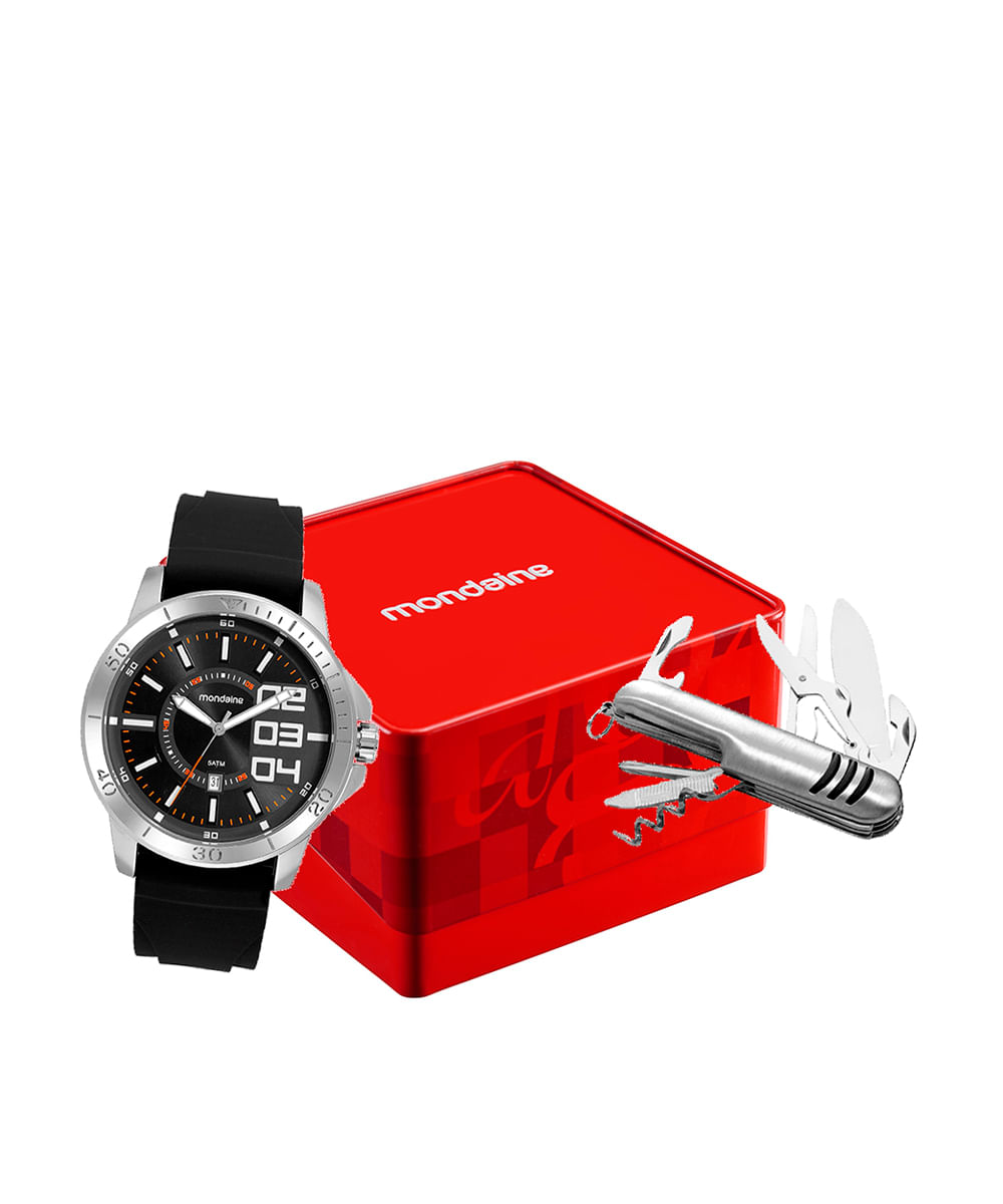 kit relógio masculino mondaine analógico calendário 99734g0mvni2kc prateado