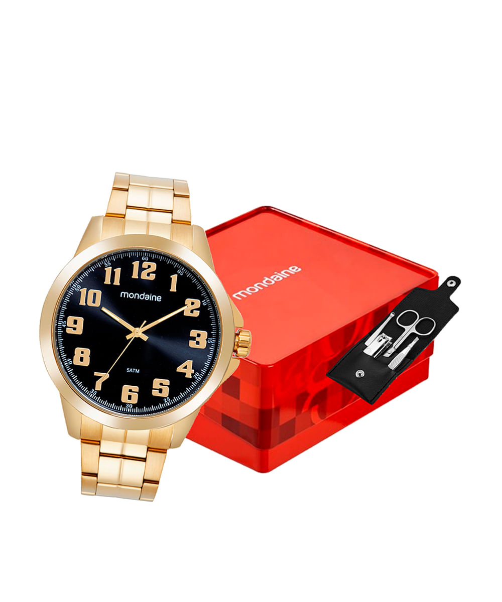 kit relógio masculino mondaine analógico 99683gpmvde1ka dourado