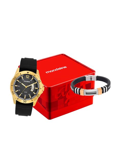 kit relógio masculino mondaine analógico calendário 36000gpmvdi1kc dourado