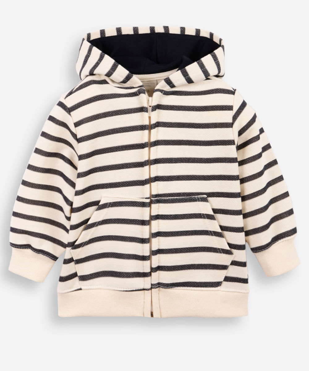 blusão de moletom infantil com capuz listrado off white