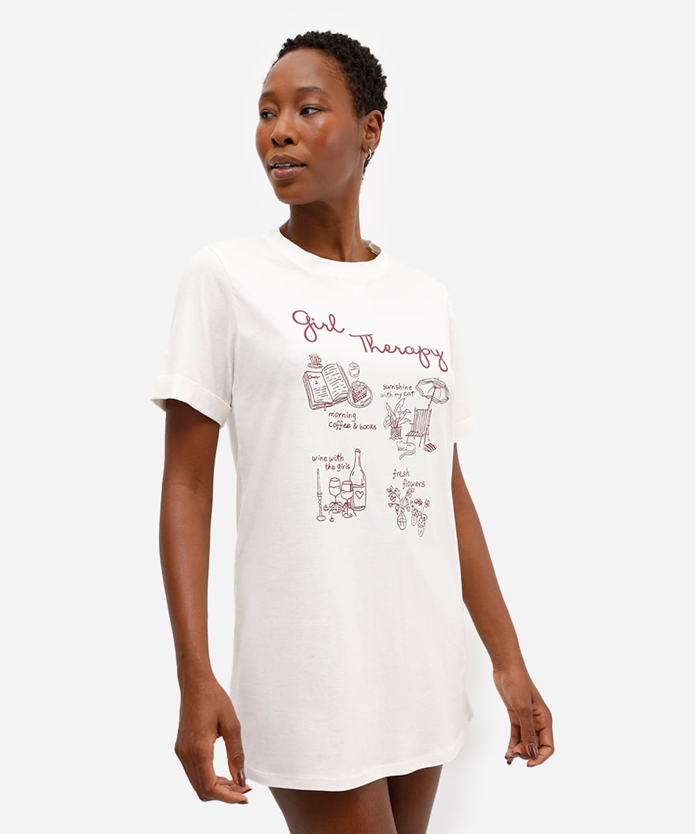 camisola feminina de algodão manga curta estampada off white