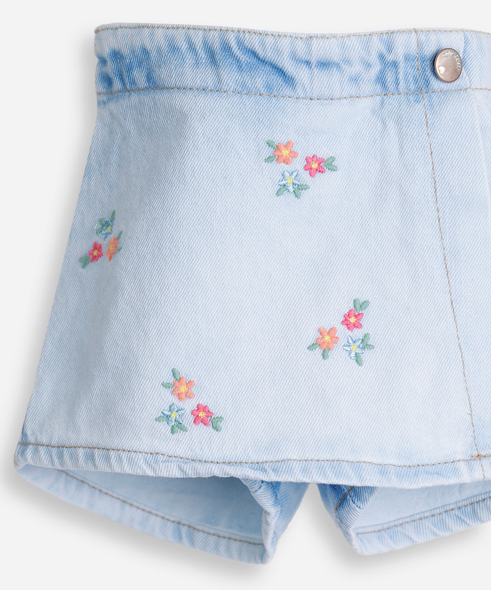 shorts saia infantil saia jeans com bordado azul