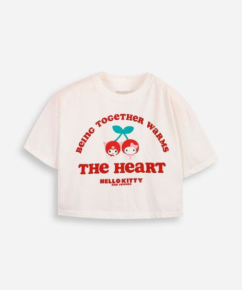 camiseta juvenil boxy cropped hello kitty  kuromi cerejinha off white