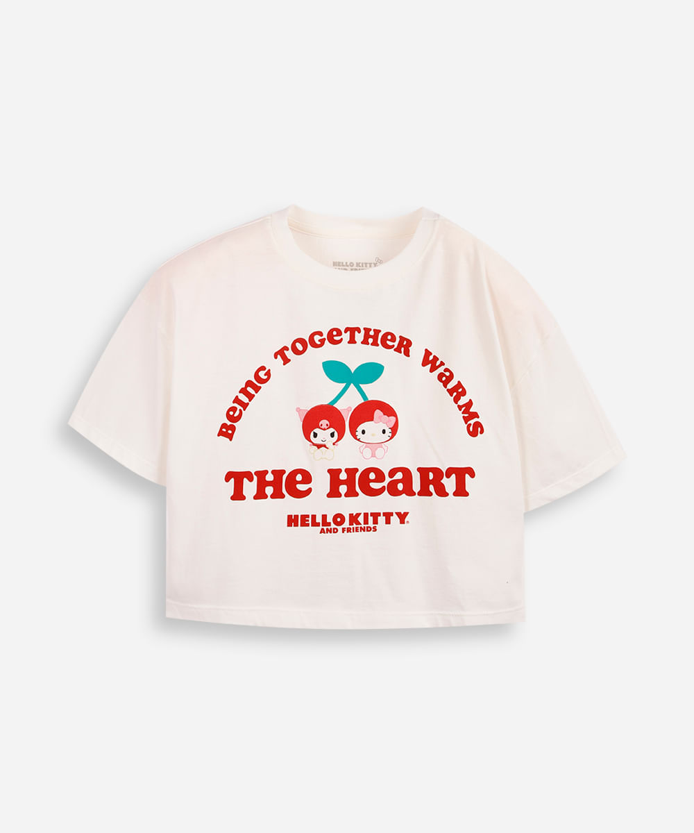 camiseta juvenil boxy cropped hello kitty  kuromi cerejinha off white