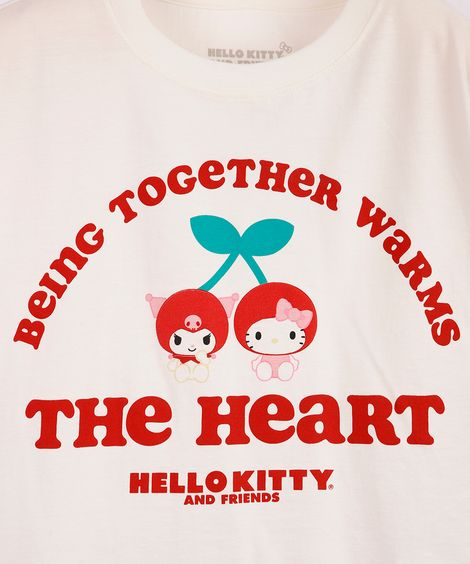 camiseta juvenil boxy cropped hello kitty  kuromi cerejinha off white