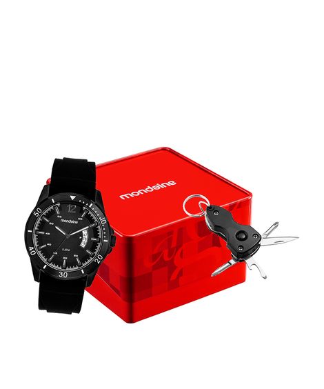 kit relógio masculino mondaine analógico calendário 36000gpmvpi2kc preto