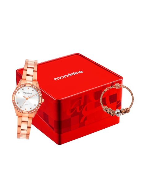 kit relógio feminino mondaine analógico  32771lpmvre2kb rosa