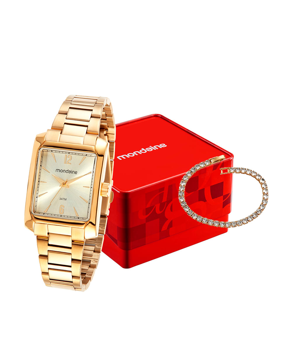 kit relógio feminino mondaine analógico 32417lpmvde1kc dourado
