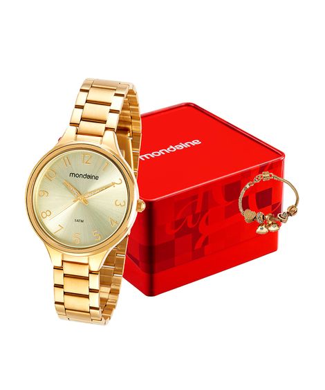 kit relógio feminino mondaine analógico 32418lpmvde1kc dourado