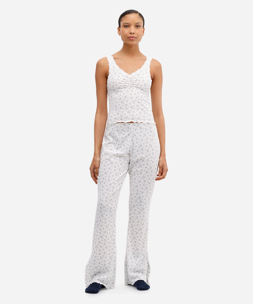 pijama feminino canelado com renda floral off white