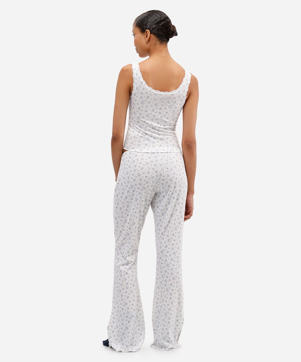 pijama feminino canelado com renda floral off white