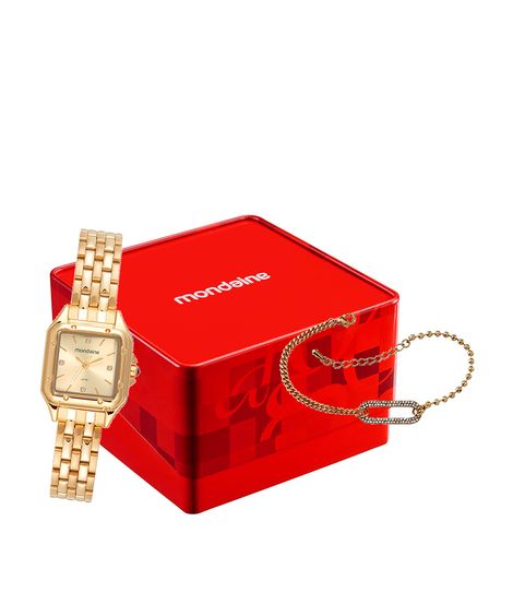 kit relógio feminino mondaine analógico 32777lpmvde1kc dourado