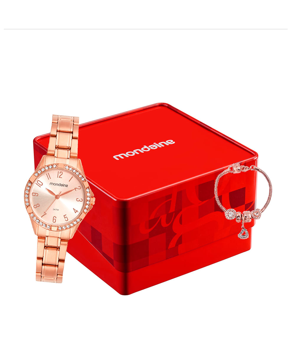 kit relógio feminino mondaine analógico 32772lpmvre2kb rosa
