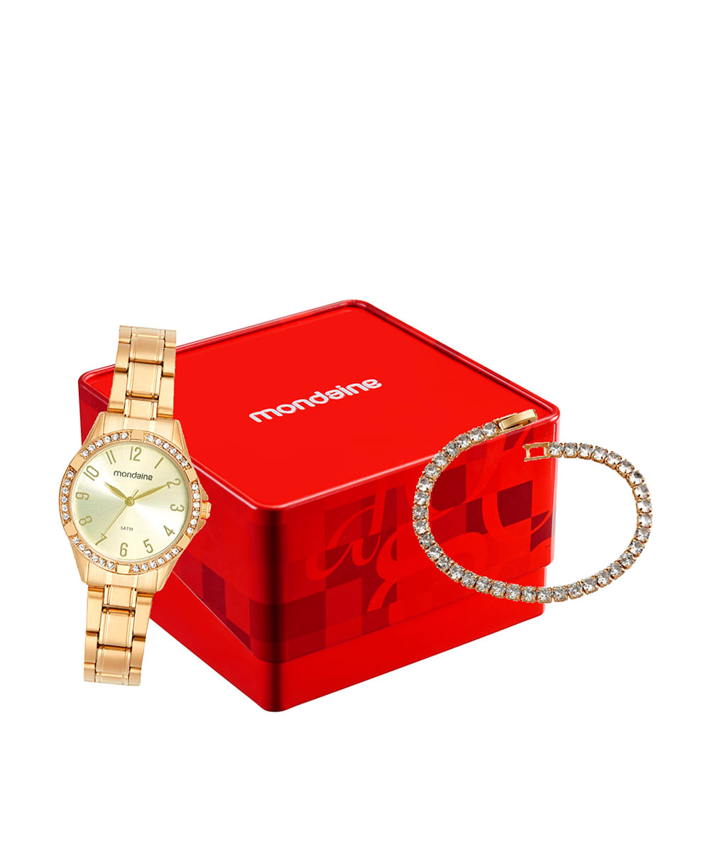 kit relógio feminino mondaine analógico 32772lpmvde1kc dourado