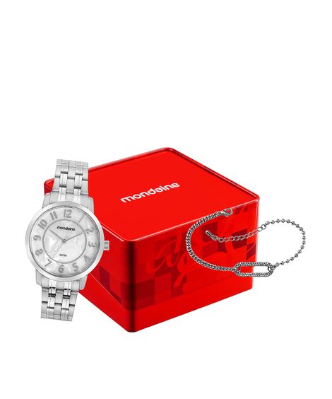 kit relógio feminino mondaine analógico 99716l0mvne4kc prateado