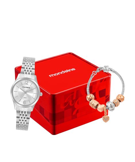 kit relógio feminino mondaine analógico 32698l0mvne3kc prateado