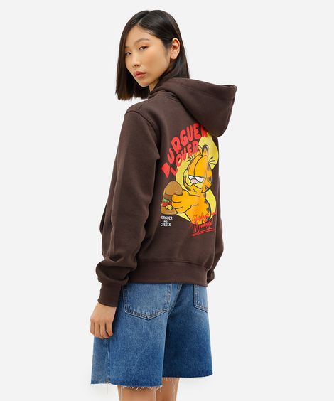 blusão feminino de moletom com capuz garfield marrom