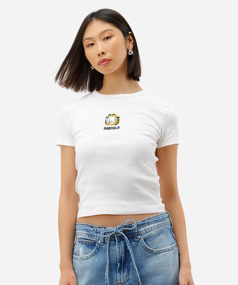 blusa baby look feminina de algodão com bordado garfield off white