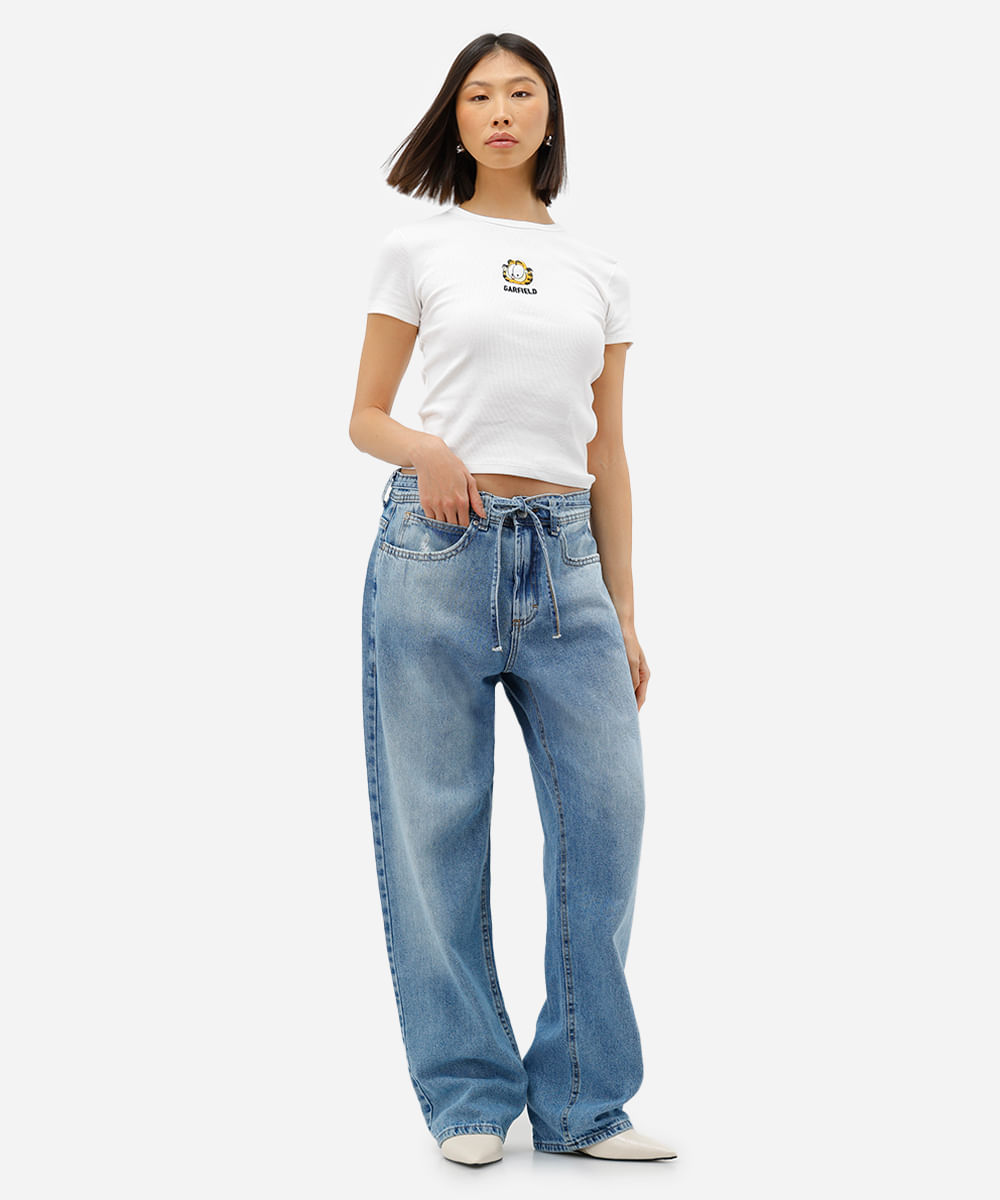 blusa baby look feminina de algodão com bordado garfield off white