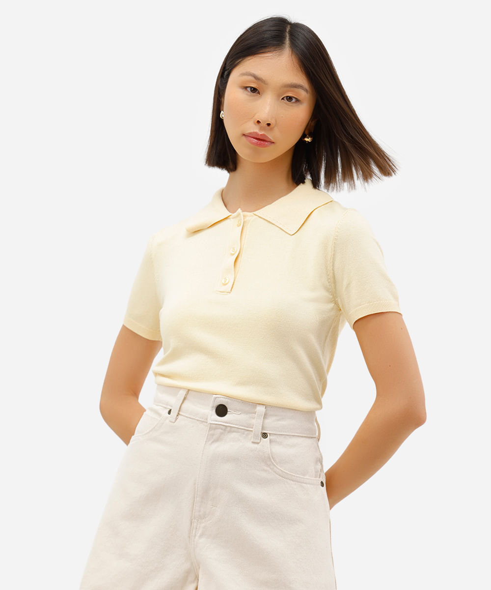 polo feminina de tricot manga curta amarela