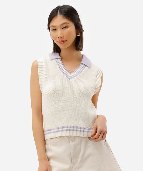 colete feminino de tricot com gola off white